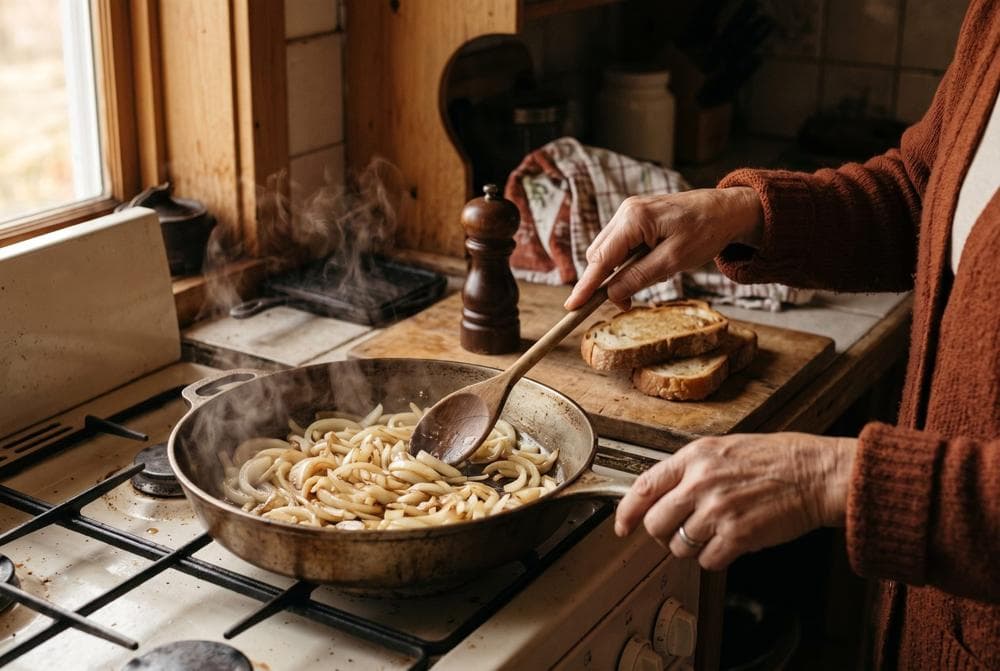 Onions softening in butter in a cast-iron pan in a farmhouse kitchen