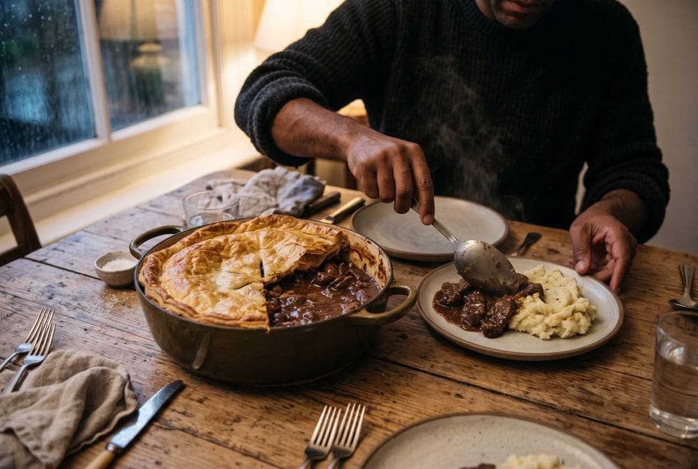 A pot of steak and kidney stew with a pastry lid being served at a kitchen table