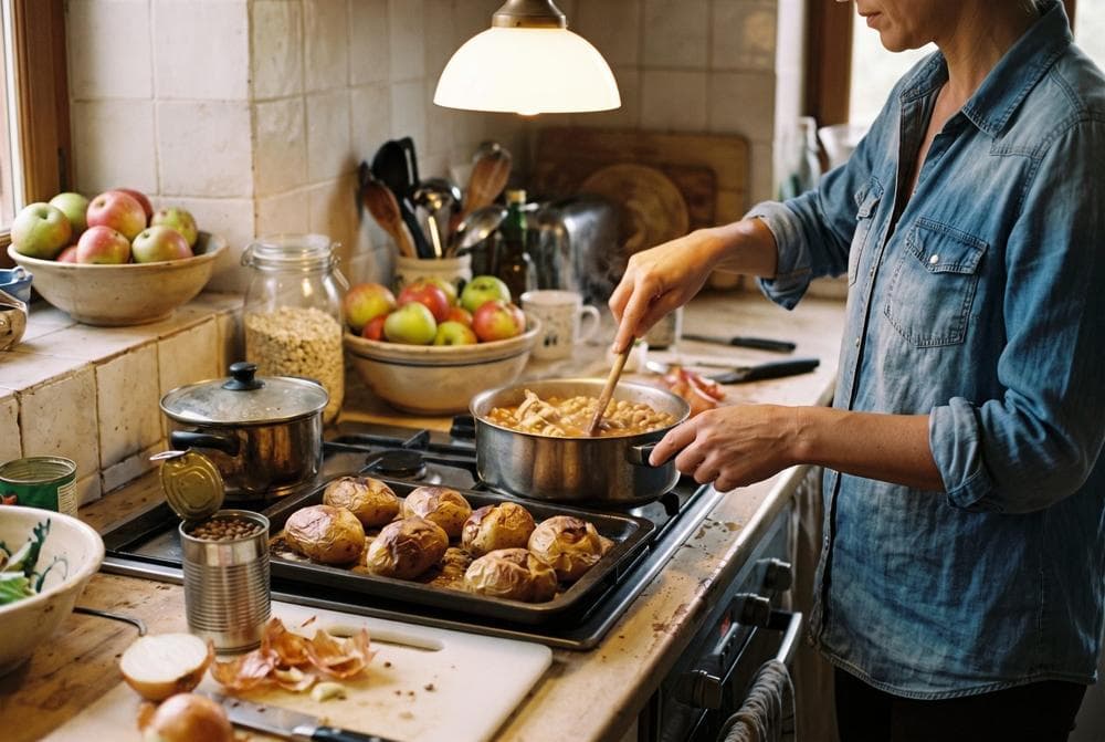 A weeknight stew with chickpeas, baked potatoes and fruit on the counter