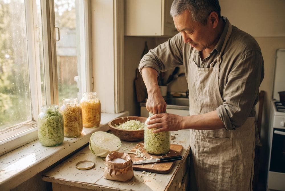 Jars of homemade sauerkraut on a kitchen windowsill