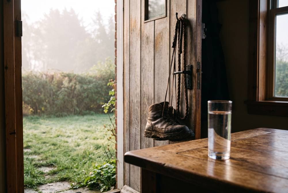 A farmhouse back door open onto a misty garden at first light, walking boots hanging by the door and a glass of water on the table
