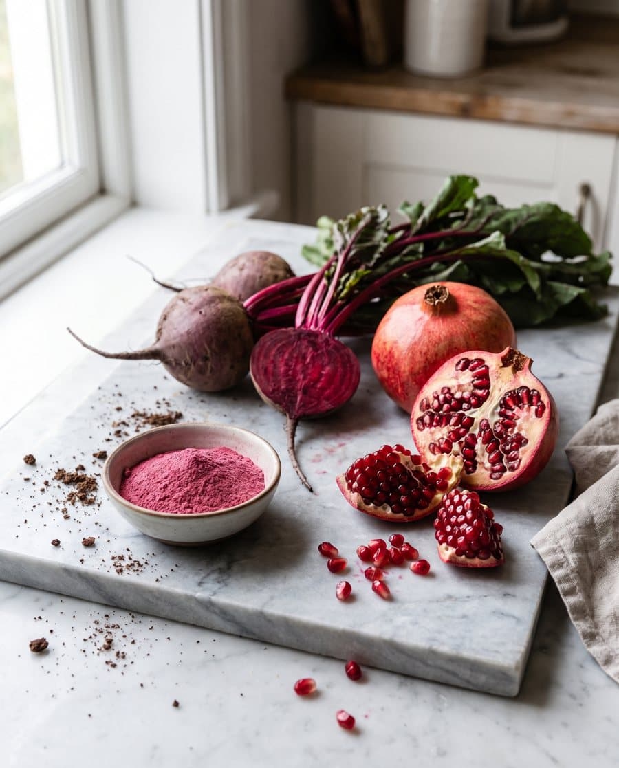 Fresh beetroots and a split pomegranate beside a bowl of beetroot-pink powder