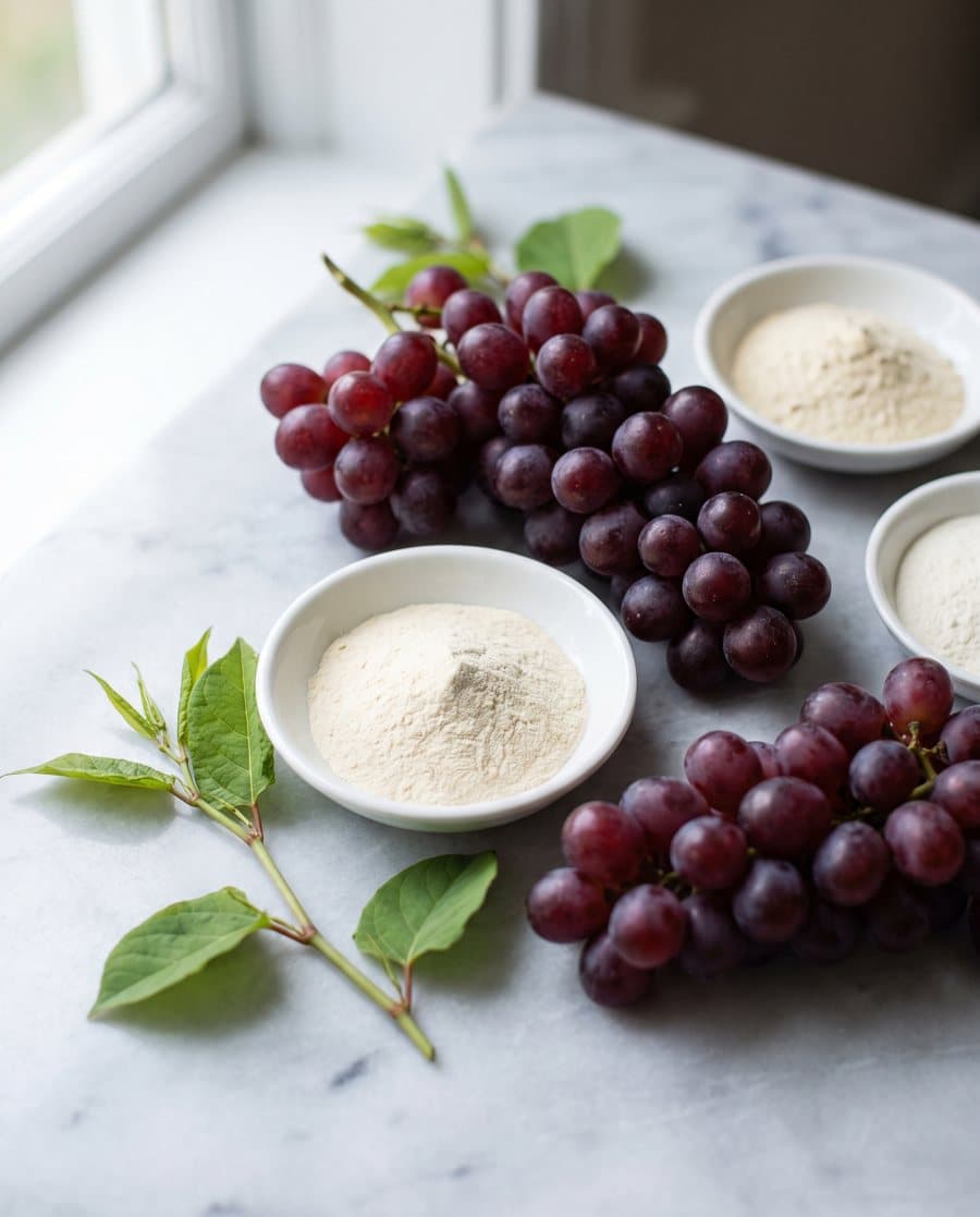 Red grapes, knotweed stems and small dishes of pale powders