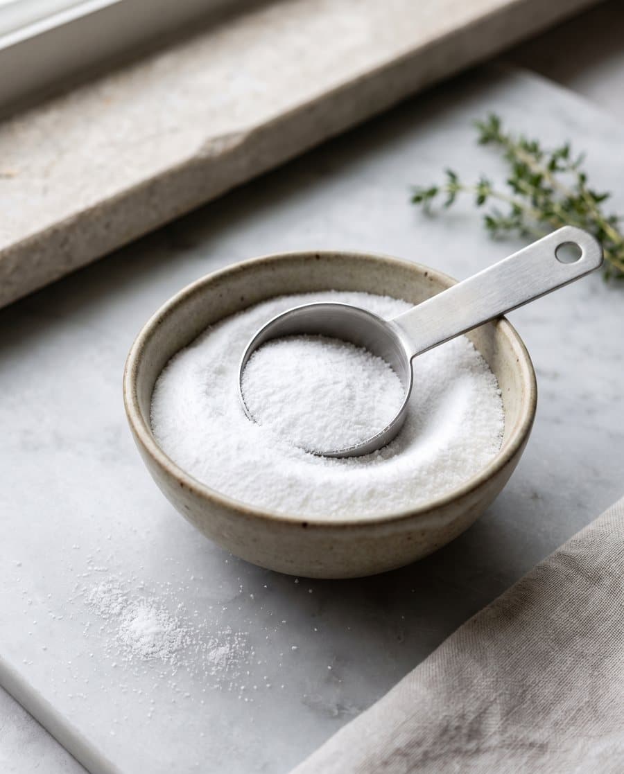 A ceramic bowl of fine white creatine powder with a steel scoop