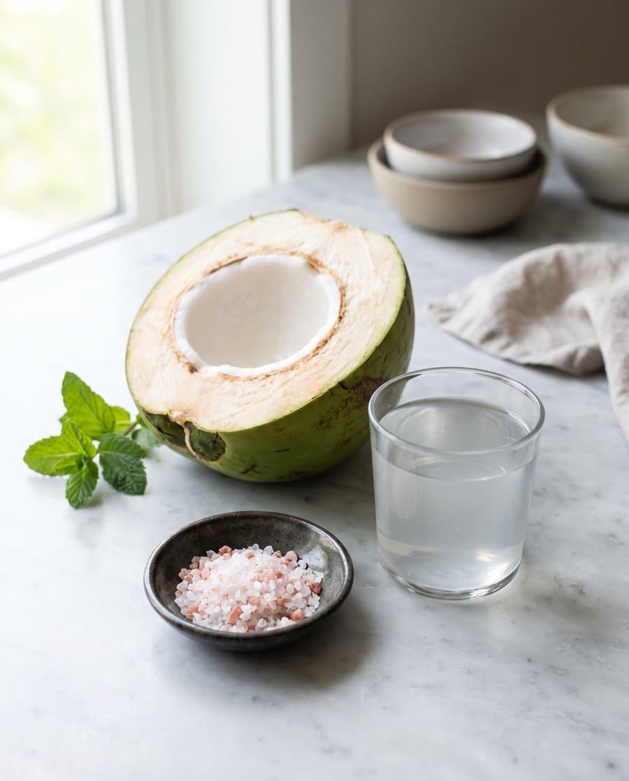 A fresh coconut cut open beside a glass of coconut water and a dish of sea salt