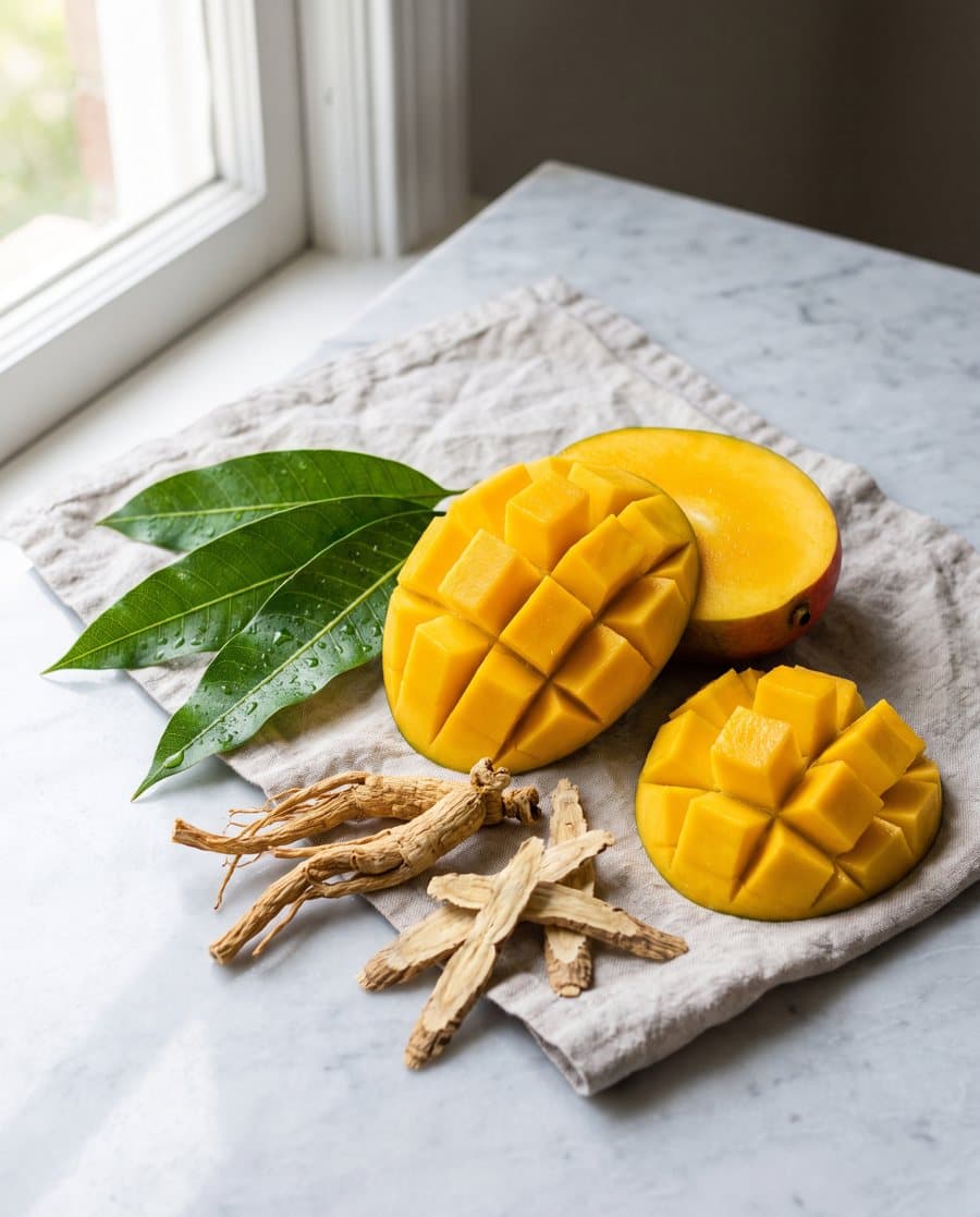 Mango leaves, a sliced mango and dried ginseng and astragalus roots