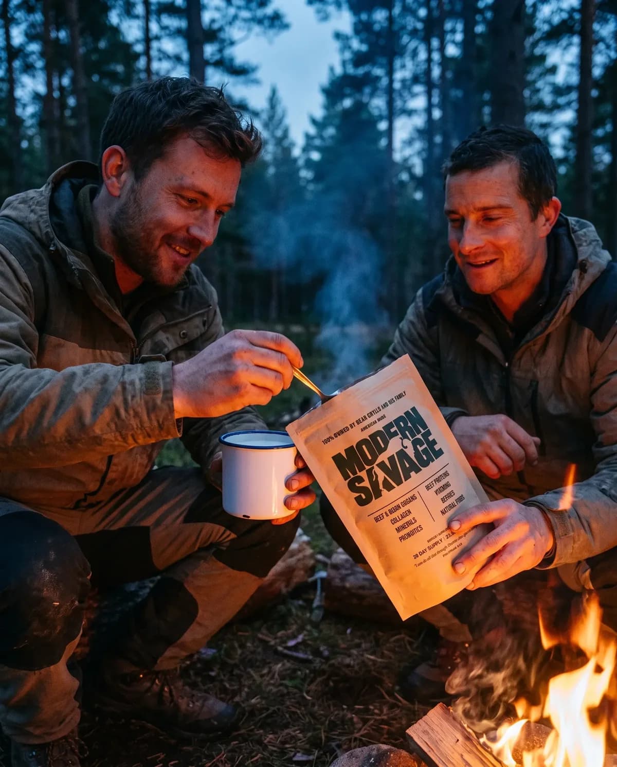 Bear Grylls and a friend by a campfire in a pine forest, scooping Modern Savage into an enamel mug