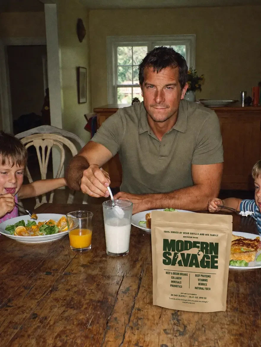 Bear Grylls stirring Modern Savage into milk at a family breakfast table
