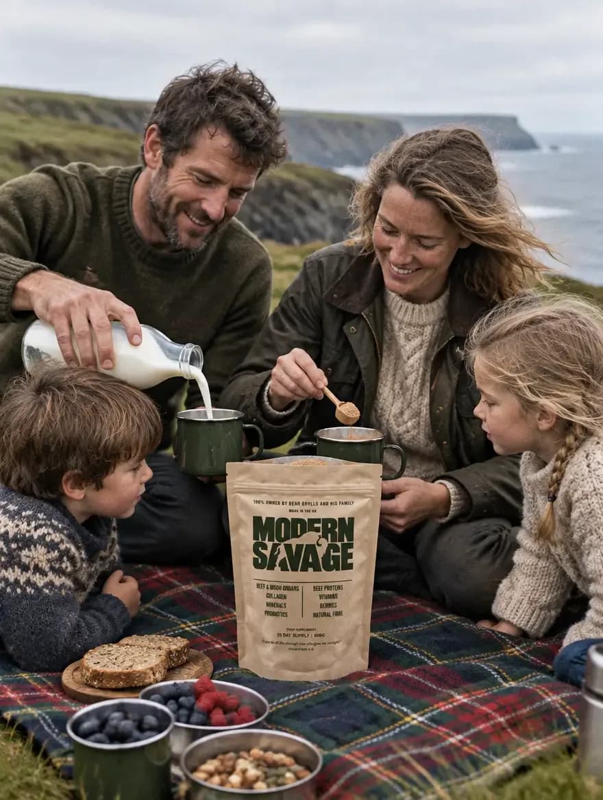 A family picnic on a clifftop, milk poured into mugs beside a Modern Savage pouch