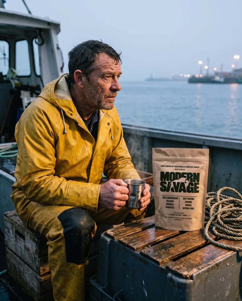 A fisherman in oilskins on his boat at dawn with a tin cup, a Modern Savage pouch on a crate beside him