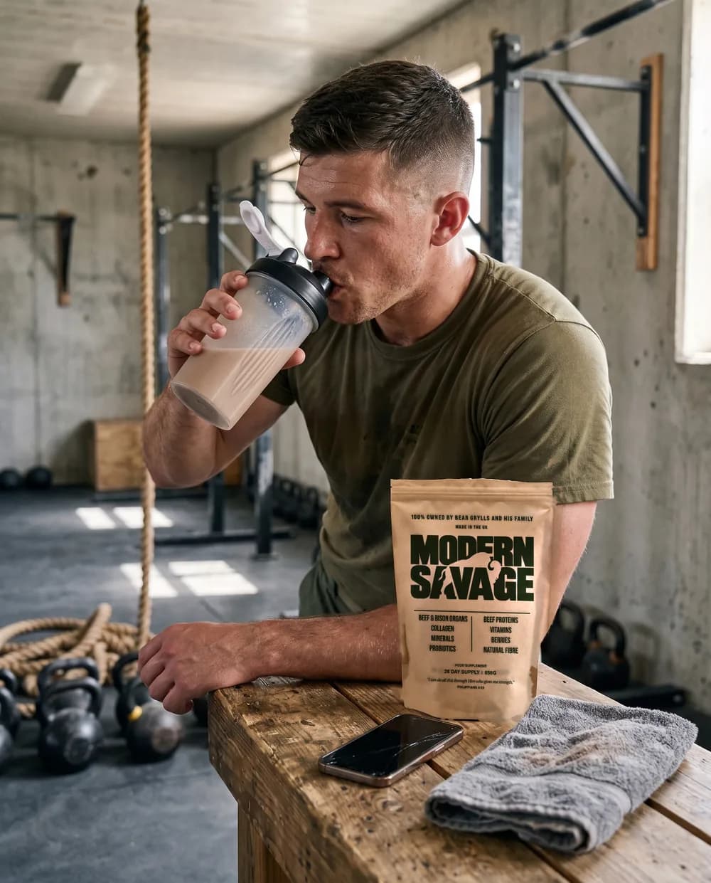 A man drinking from a shaker between sets in a concrete gym, a Modern Savage pouch on the bench