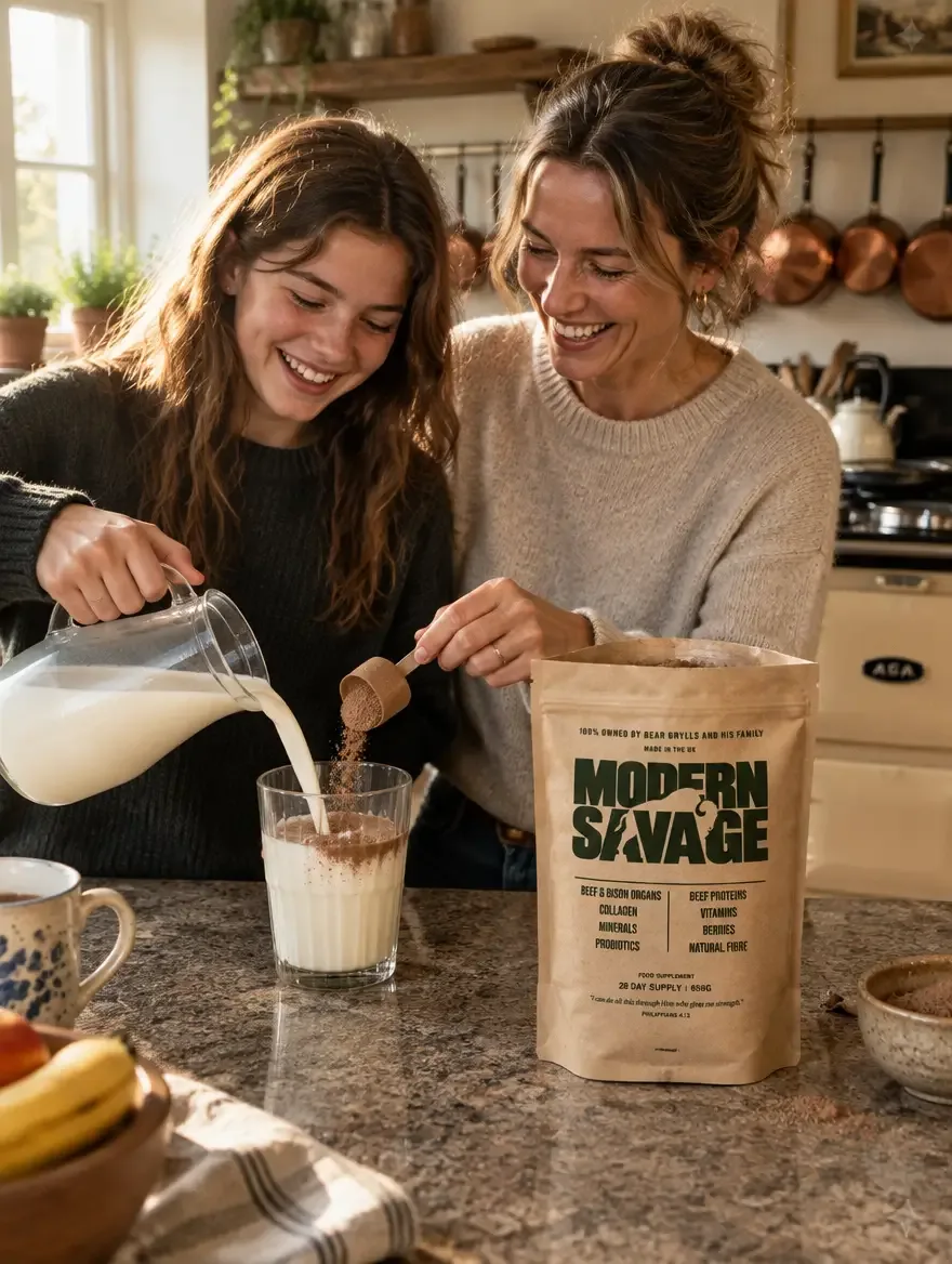 Two women in a farmhouse kitchen pouring milk and adding a scoop of Modern Savage