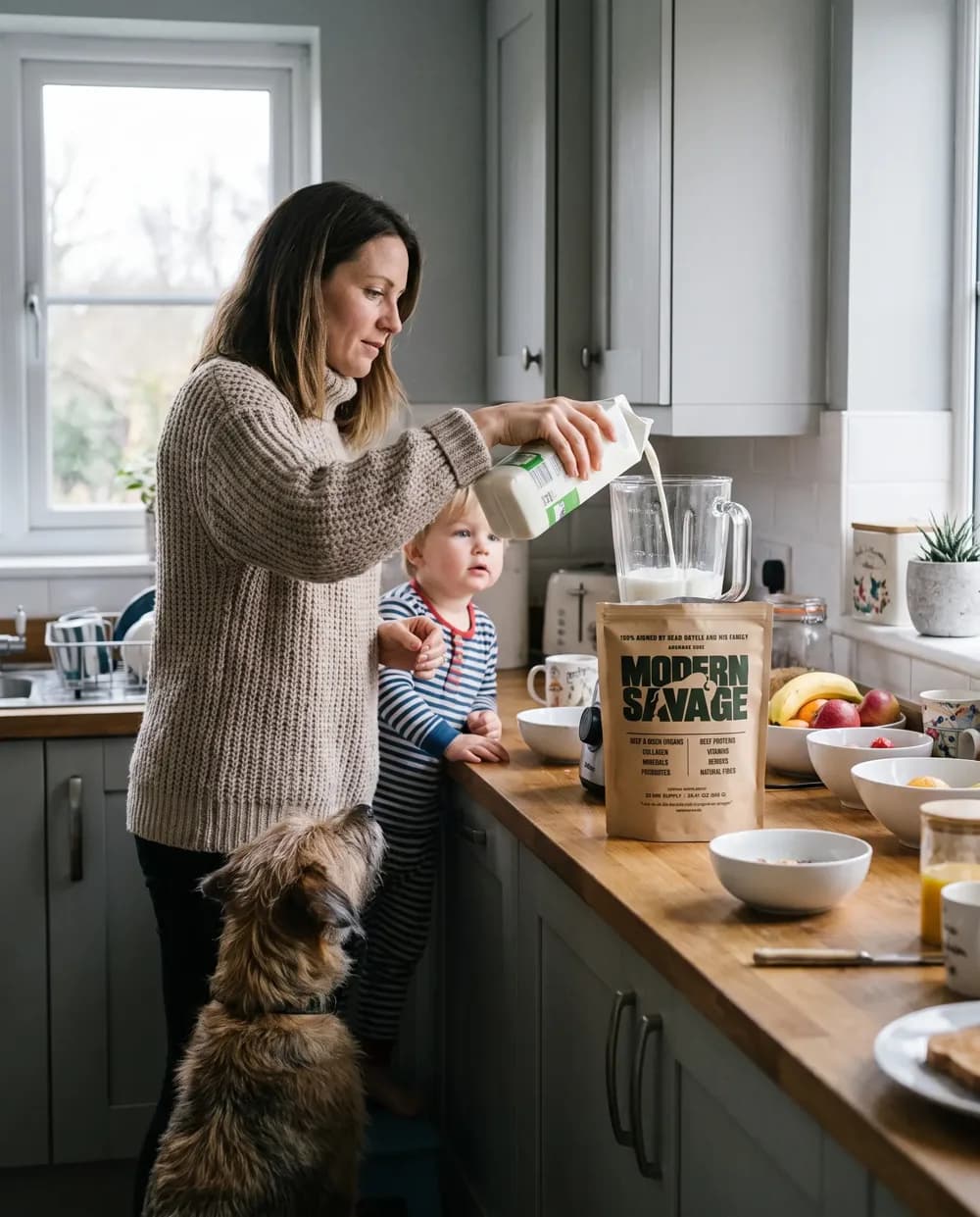 A mother pouring milk in a kitchen with her toddler and dog, a Modern Savage pouch on the counter