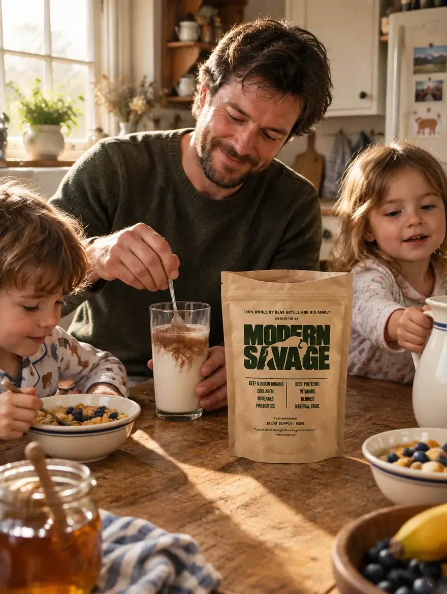 A father stirs Modern Savage into a glass of milk at a farmhouse breakfast table, two young children eating beside him