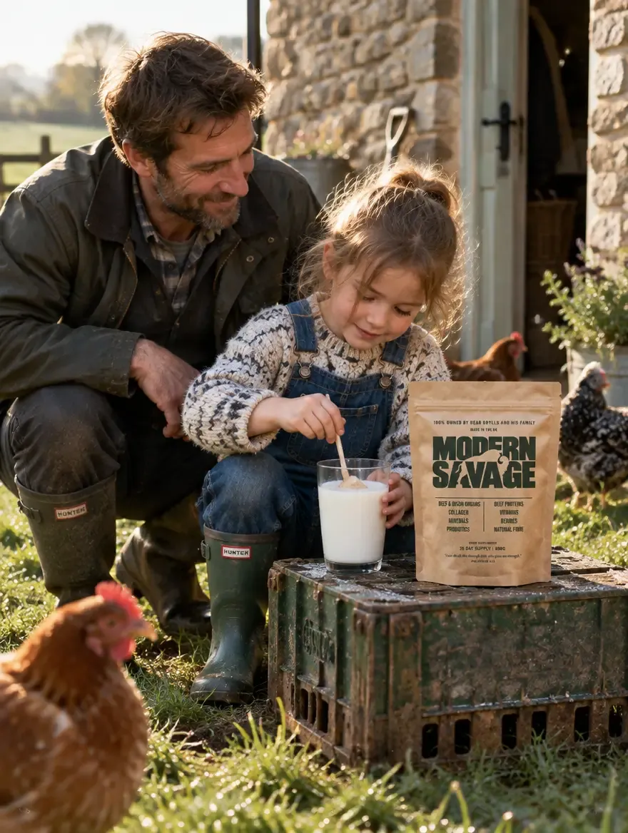 A young girl in dungarees stirs a glass of milk in a farmyard, her father crouched beside her and hens nearby