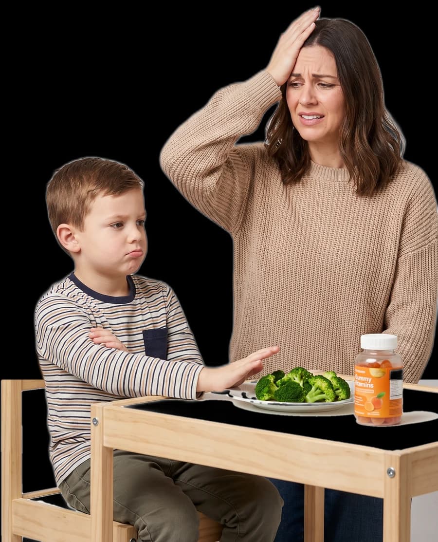 A mum with her hand on her forehead while her son folds his arms and pushes away his broccoli and gummy vitamins