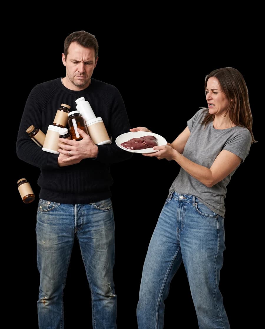 A man juggling an armful of supplement bottles, one falling, while a woman holds a plate of raw liver at arm's length and pulls a face
