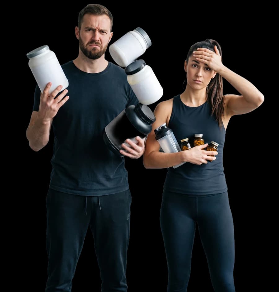 A man juggling an armful of supplement tubs and a woman with her hand on her forehead holding a shaker and capsule bottles