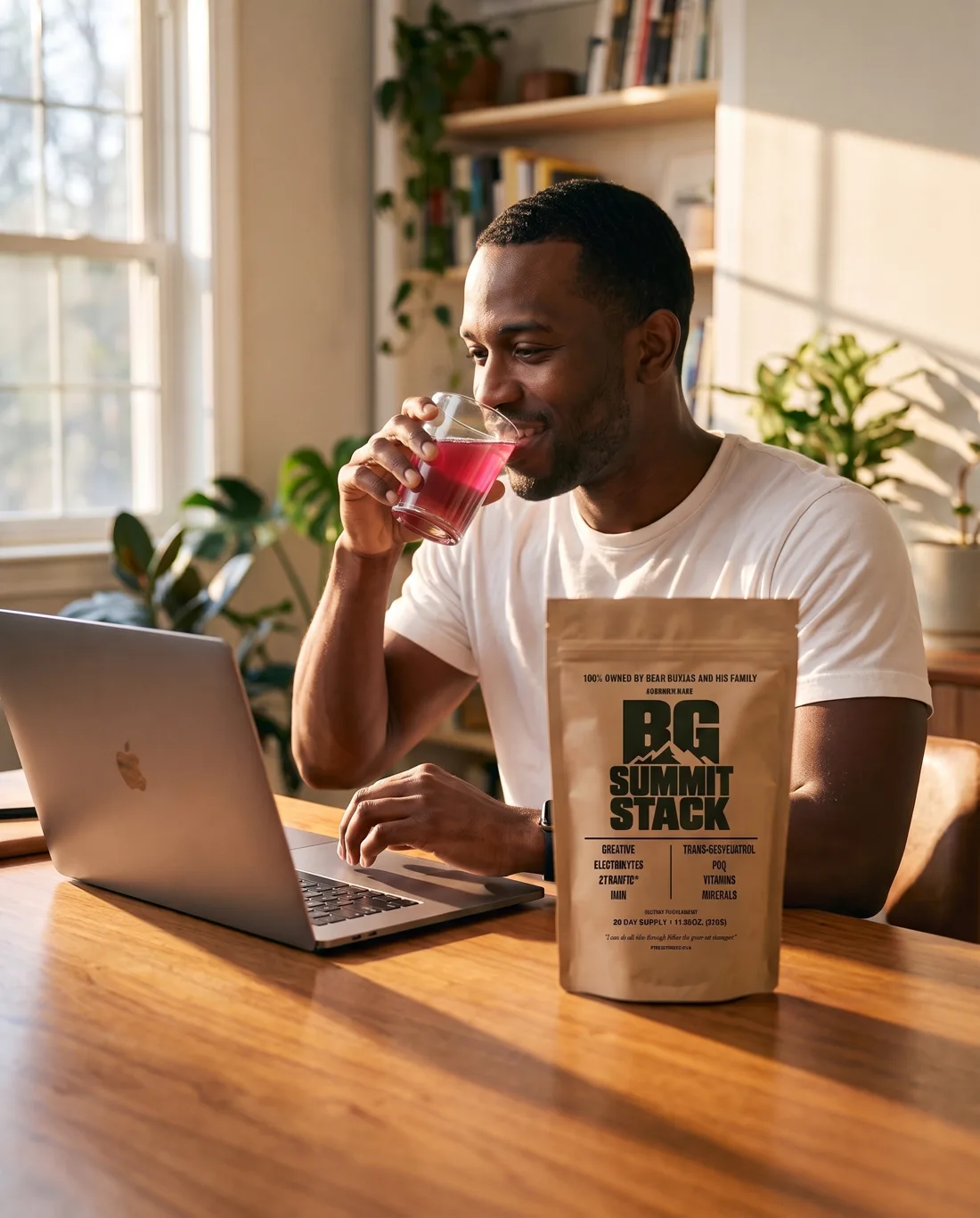 A man at a home office desk drinking water, a BG Summit Stack pouch beside his laptop