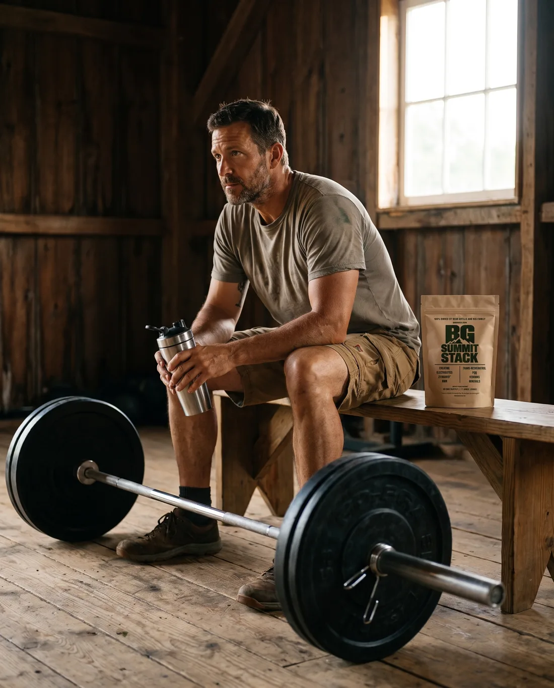 A man resting between sets in a barn gym, shaker in hand, a BG Summit Stack pouch on the bench