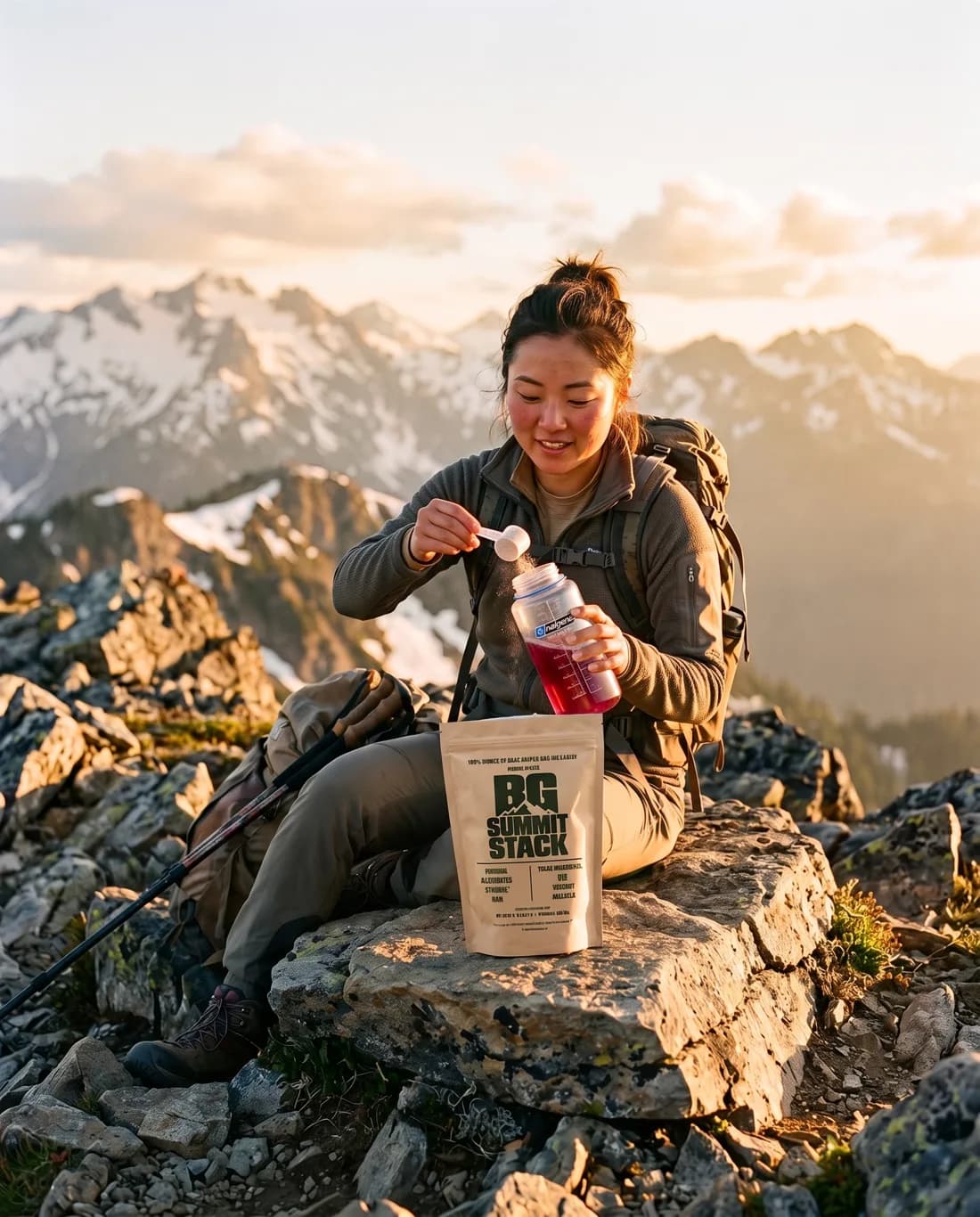 A hiker on a mountain ridge scooping BG Summit Stack into a water bottle